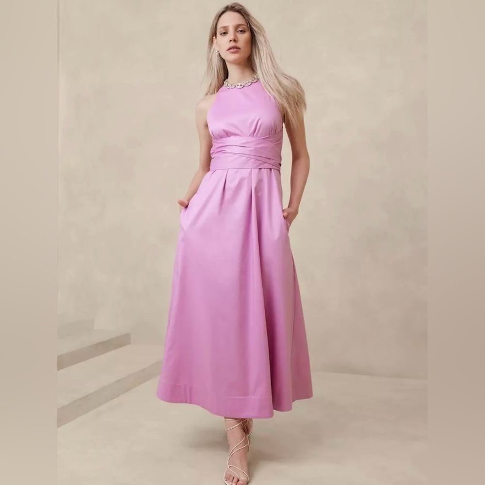 Nwot! Banana Republic Warm Iris Stretch-Cotton Poplin Maxi Dress